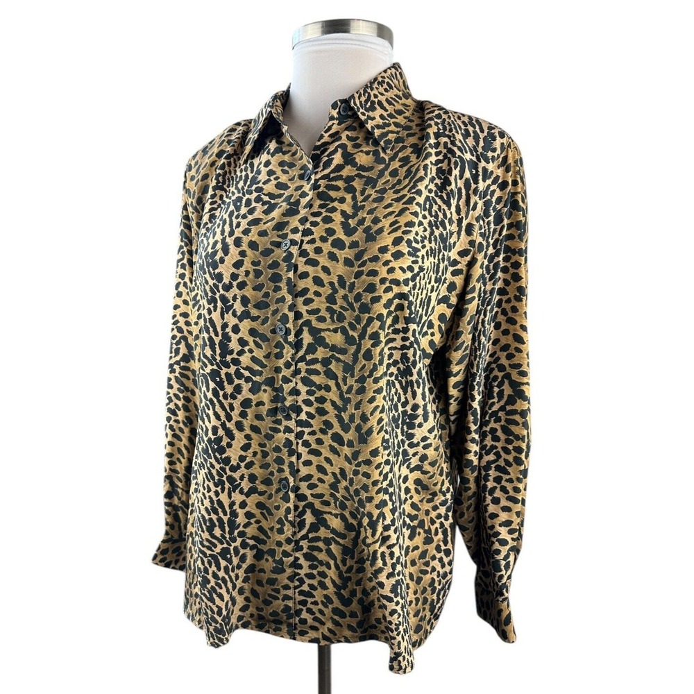 Vtg Silk Lore Beth Terrell Silk Cheetah Animal Print Button Blouse Plus Size 1X - Picture 3 of 11